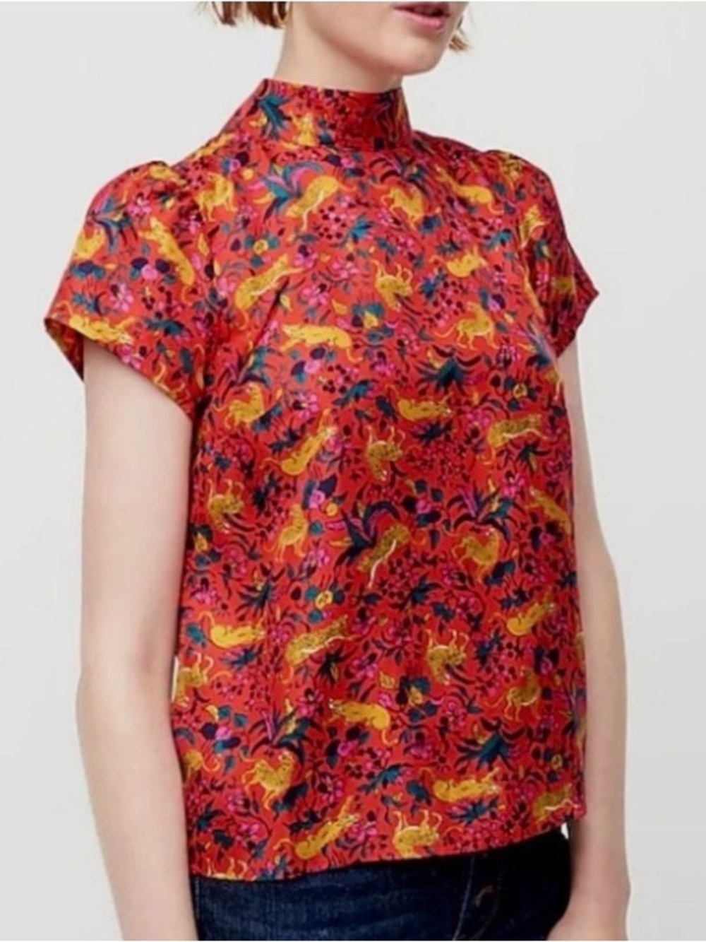 J. Crew Collection silk bow-back top in jungle cat floral print
